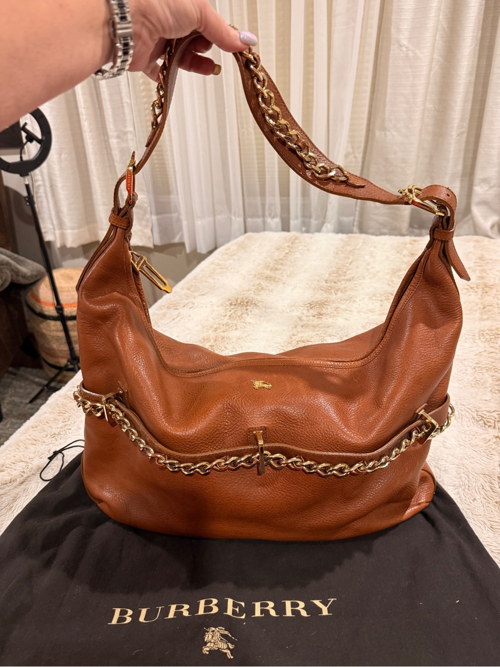Burberry Tan Leather Chain-Accent Shoulder Hobo